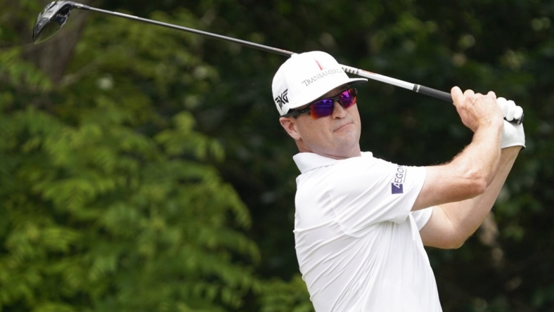 May 25, 2023; Fort Worth, Texas, USA; Zach Johnson plays his shot from the sixth tee during the first round of the Charles Schwab Challenge golf tournament. Mandatory Credit: Raymond Carlin III-USA TODAY Sports