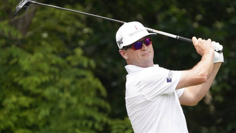 May 25, 2023; Fort Worth, Texas, USA; Zach Johnson plays his shot from the sixth tee during the first round of the Charles Schwab Challenge golf tournament. Mandatory Credit: Raymond Carlin III-USA TODAY Sports