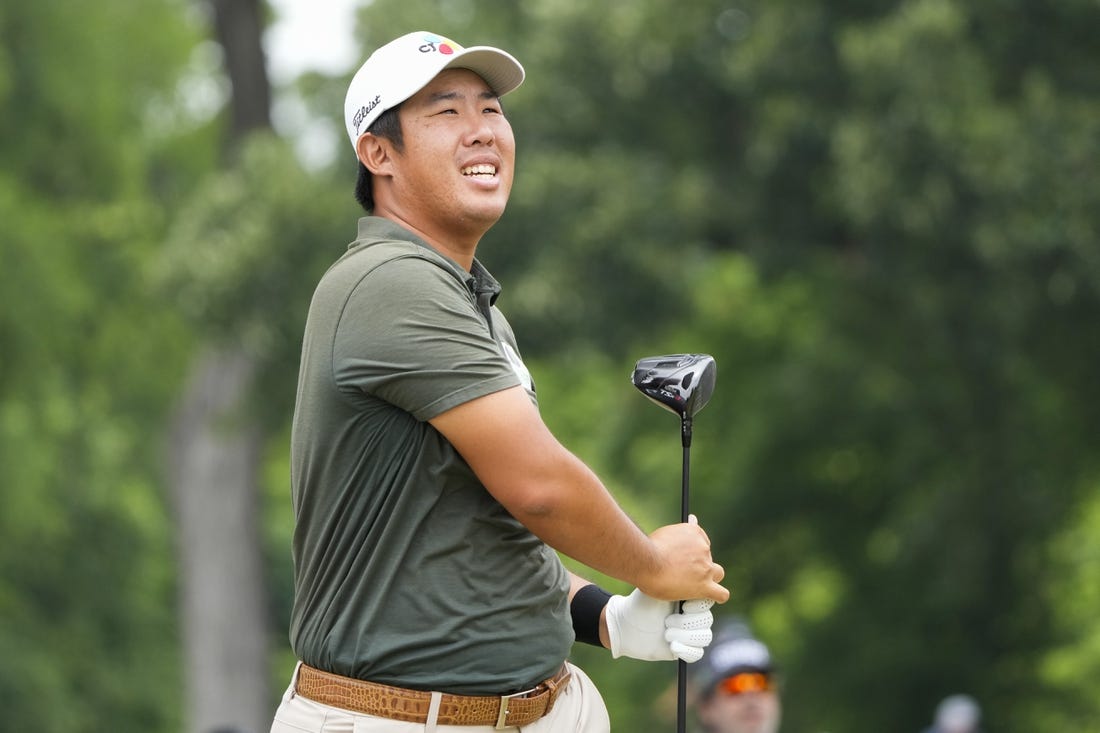 May 27, 2023; Fort Worth, Texas, USA; Byeong Hun An watches his shot from the third tee during the third round of the Charles Schwab Challenge golf tournament. Mandatory Credit: Jim Cowsert-USA TODAY Sports