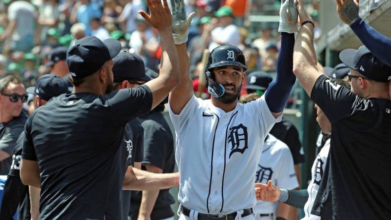 Detroit Tigers center fielder Riley Greene (31) celebrates scoring against the Chicago White Sox during seventh-inning action at Comerica Park in Detroit on Saturday, May 27, 2023.