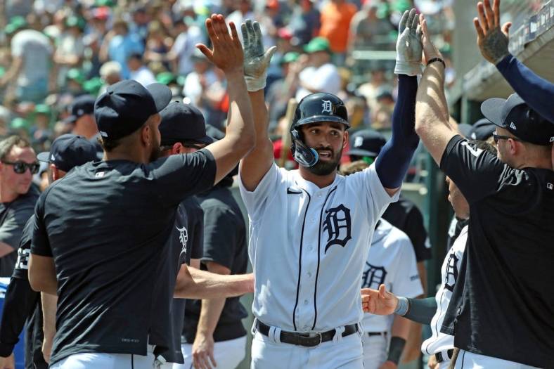 Detroit Tigers center fielder Riley Greene (31) celebrates scoring against the Chicago White Sox during seventh-inning action at Comerica Park in Detroit on Saturday, May 27, 2023.