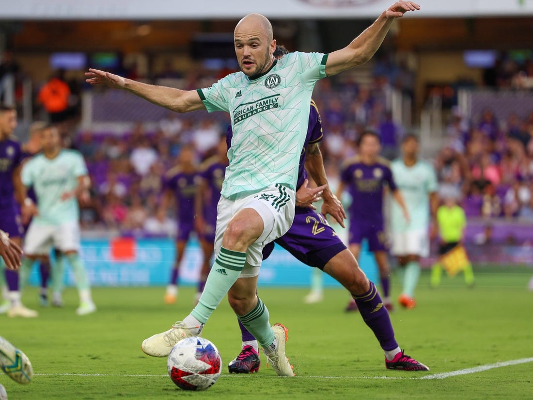 May 27, 2023; Orlando, Florida, USA;  Atlanta United FC defender Andrew Gutman (15) controls the ball against Orlando City SC in the first half at Exploria Stadium. Mandatory Credit: Nathan Ray Seebeck-USA TODAY Sports