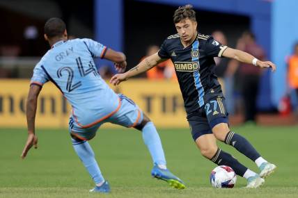 May 27, 2023; Flushing, New York, USA; Philadelphia Union defender Kai Wagner (27) controls the ball against New York City FC defender Tayvon Gray (24) during the first half at Citi Field. Mandatory Credit: Brad Penner-USA TODAY Sports