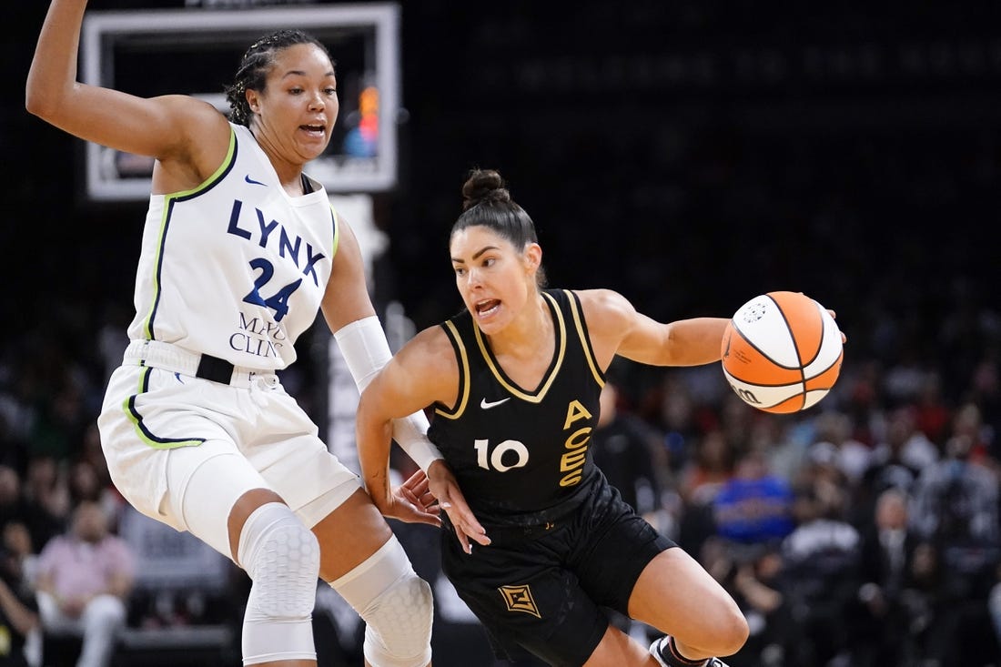 May 28, 2023; Las Vegas, Nevada, USA; Las Vegas Aces guard Kelsey Plum (10) drives the ball against Minnesota Lynx forward Napheesa Collier (24) during the third quarter at Michelob Ultra Arena. Mandatory Credit: Lucas Peltier-USA TODAY Sports