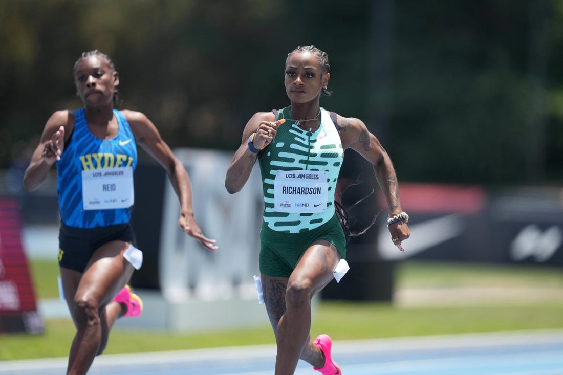 May 26, 2023; Los Angeles, CA, USA; Sha'Carri Richardson (USA) runs 10.90 in women's 100m heat during the USATF Los Angeles Grand Prix at Drake Stadium. Mandatory Credit: Kirby Lee-USA TODAY Sports