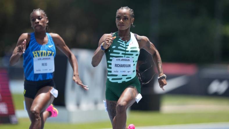 May 26, 2023; Los Angeles, CA, USA; Sha'Carri Richardson (USA) runs 10.90 in women's 100m heat during the USATF Los Angeles Grand Prix at Drake Stadium. Mandatory Credit: Kirby Lee-USA TODAY Sports