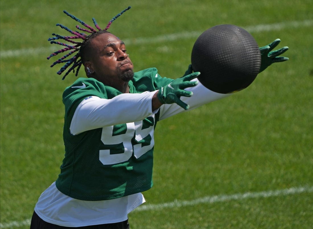 Florham Park, NJ May 31, 2023 -- First round draft pick edge rusher Will McDonald during the Jets OTA.