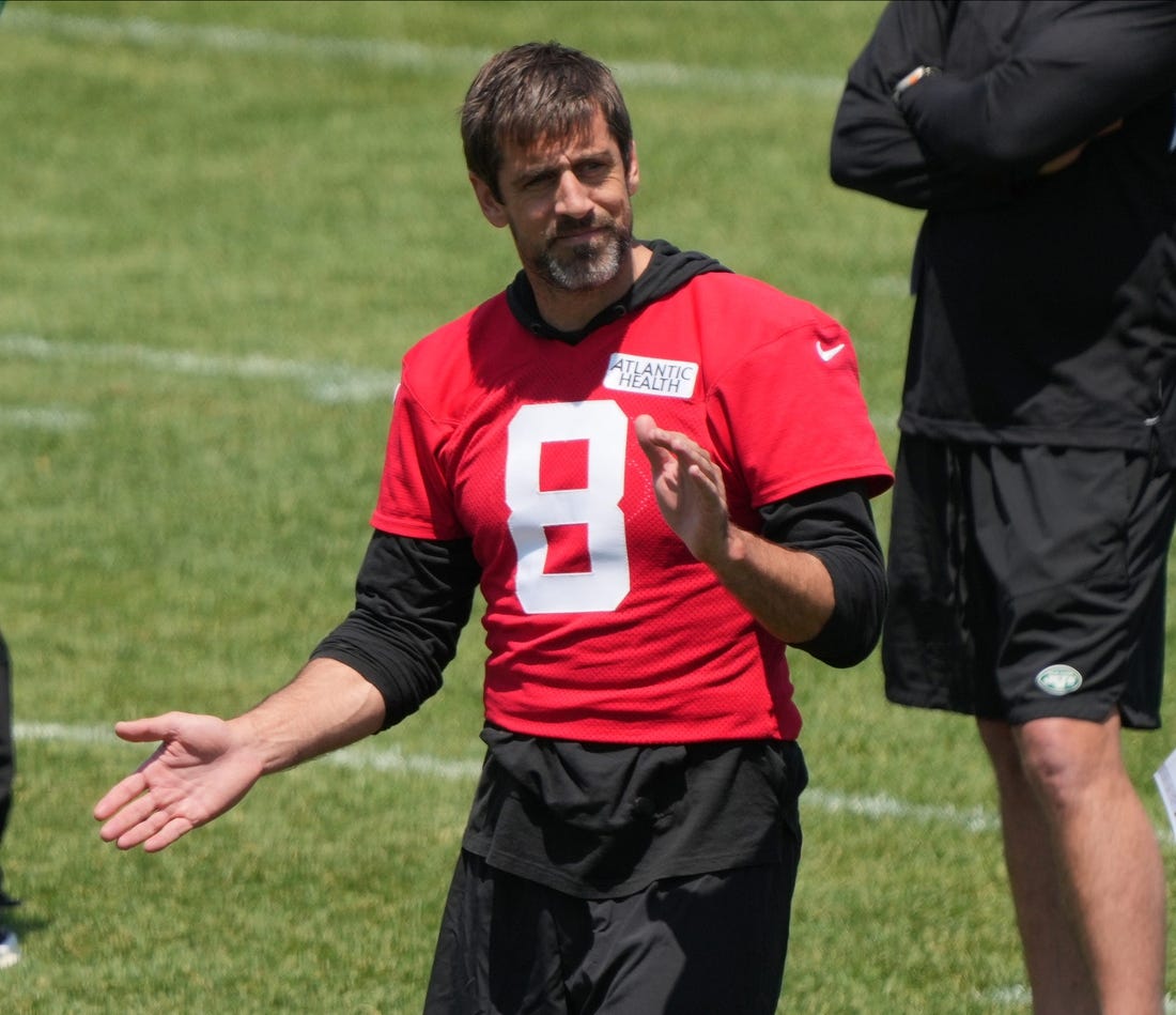 Florham Park, NJ May 31, 2023 -- Quarterback Aaron Rodgers during Jets OTAs.