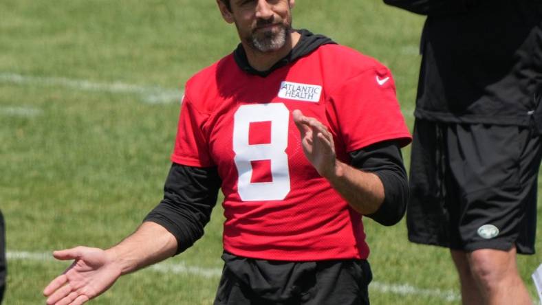 Florham Park, NJ May 31, 2023 -- Quarterback Aaron Rodgers during Jets OTAs.