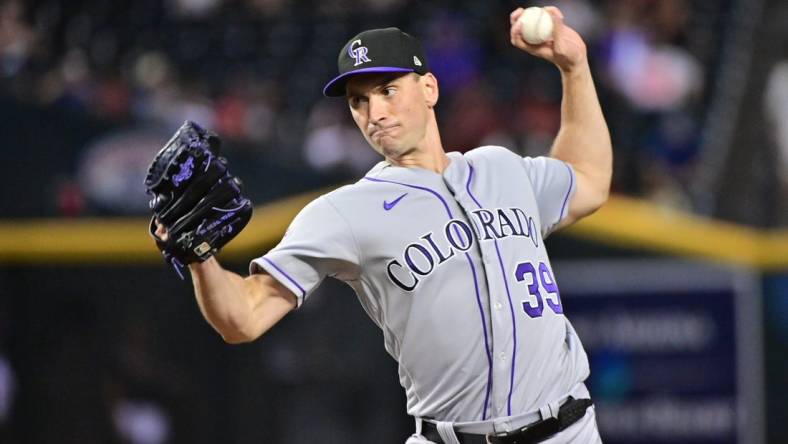 May 31, 2023; Phoenix, Arizona, USA;  Colorado Rockies relief pitcher Brent Suter (39) throws in the eighth inning against the Arizona Diamondbacks at Chase Field. Mandatory Credit: Matt Kartozian-USA TODAY Sports