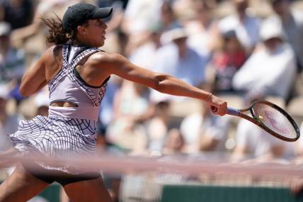 Jun 1, 2023; Paris,France; Madison Keys (USA) returns a shot during her match against Kayla Day (USA) on day five at Stade Roland-Garros. Mandatory Credit: Susan Mullane-USA TODAY Sports