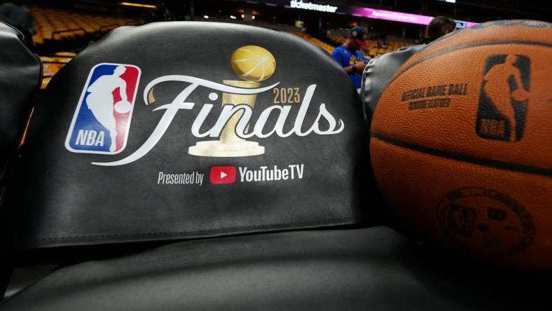 Jun 1, 2023; Denver, CO, USA; A detailed view of branded seat covers before the game between the Miami Heat and the Denver Nuggets in game one of the 2023 NBA Finals at Ball Arena. Mandatory Credit: Ron Chenoy-USA TODAY Sports