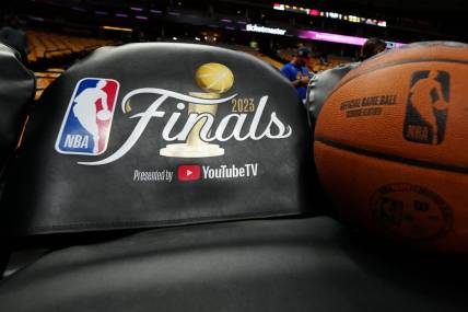 Jun 1, 2023; Denver, CO, USA; A detailed view of branded seat covers before the game between the Miami Heat and the Denver Nuggets in game one of the 2023 NBA Finals at Ball Arena. Mandatory Credit: Ron Chenoy-USA TODAY Sports