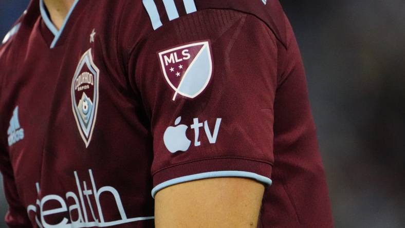 Jun 3, 2023; Commerce City, Colorado, USA; A detailed view of the AppleTV Logo on Colorado Rapids defender Keegan Rosenberry (2) jersey during the first half against the San Jose Earthquakes at Dick's Sporting Goods Park. Mandatory Credit: Ron Chenoy-USA TODAY Sports