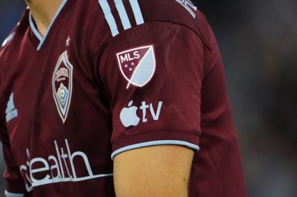Jun 3, 2023; Commerce City, Colorado, USA; A detailed view of the AppleTV Logo on Colorado Rapids defender Keegan Rosenberry (2) jersey during the first half against the San Jose Earthquakes at Dick's Sporting Goods Park. Mandatory Credit: Ron Chenoy-USA TODAY Sports