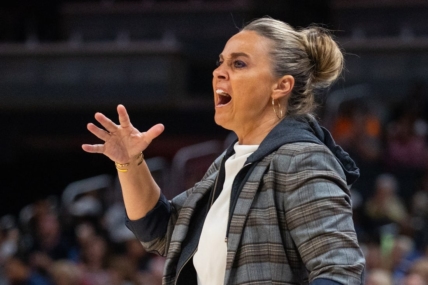 Jun 4, 2023; Indianapolis, Indiana, USA; Las Vegas Aces head coach Becky Hammon in the first half against the Indiana Fever at Gainbridge Fieldhouse. Mandatory Credit: Trevor Ruszkowski-USA TODAY Sports