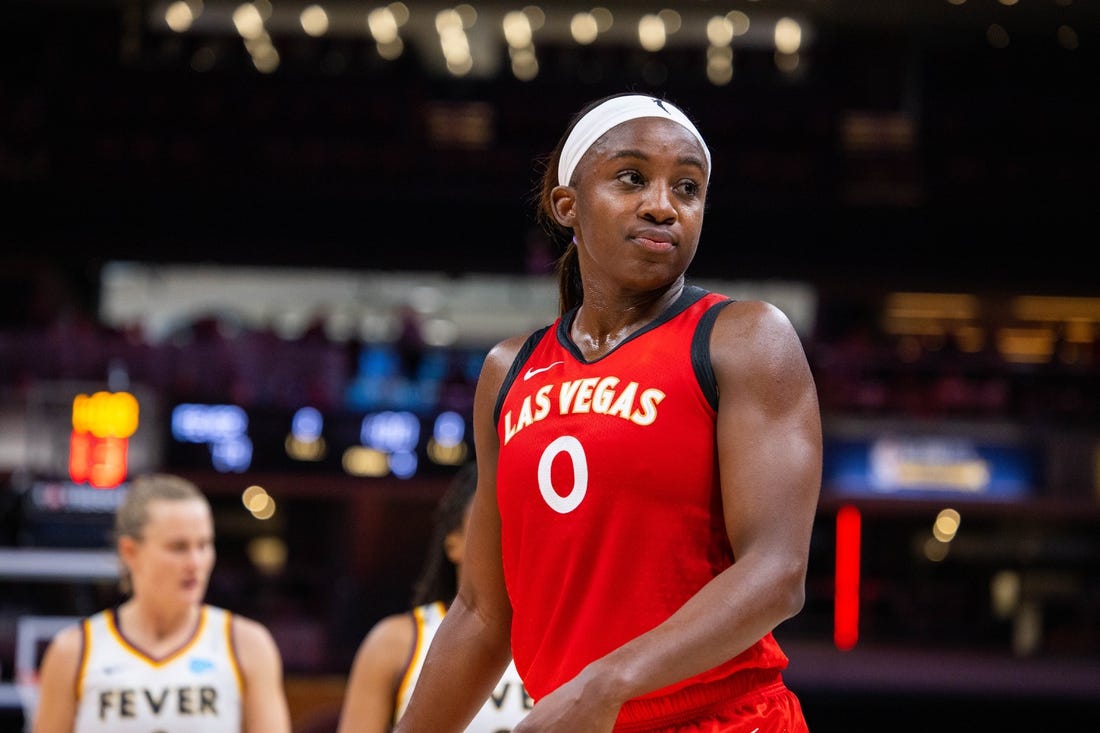 Jun 4, 2023; Indianapolis, Indiana, USA; Las Vegas Aces guard Jackie Young (0) in the second half against the Indiana Fever at Gainbridge Fieldhouse. Mandatory Credit: Trevor Ruszkowski-USA TODAY Sports