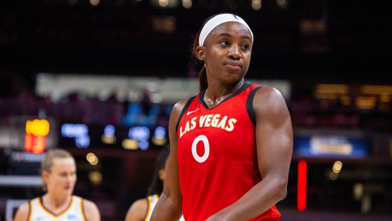 Jun 4, 2023; Indianapolis, Indiana, USA; Las Vegas Aces guard Jackie Young (0) in the second half against the Indiana Fever at Gainbridge Fieldhouse. Mandatory Credit: Trevor Ruszkowski-USA TODAY Sports