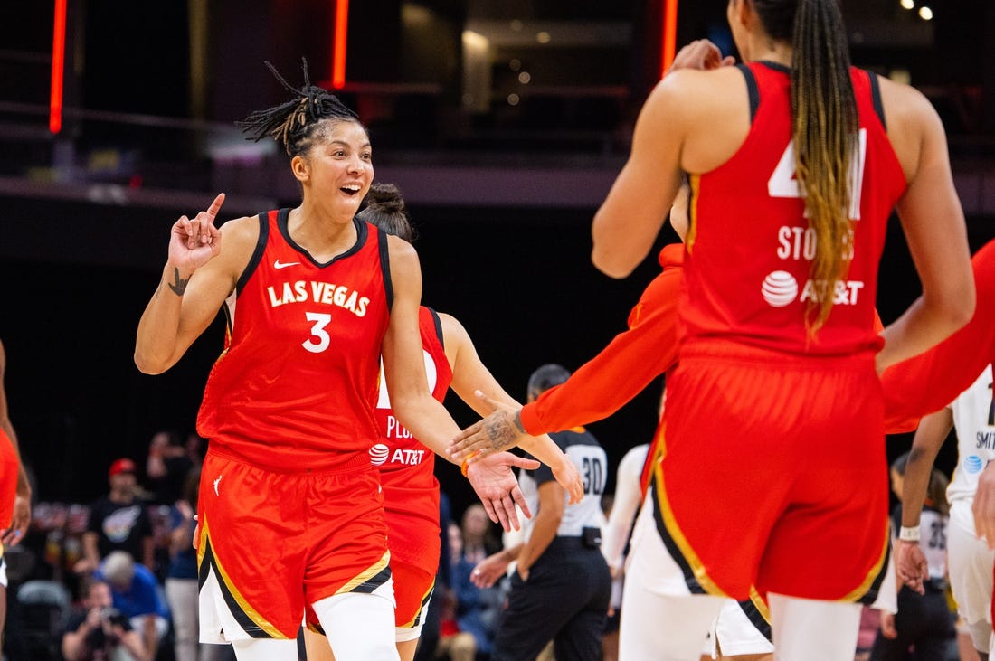 Jun 4, 2023; Indianapolis, Indiana, USA; Las Vegas Aces forward Candace Parker (3) celebrates the win against the Indiana Fever  at Gainbridge Fieldhouse. Mandatory Credit: Trevor Ruszkowski-USA TODAY Sports