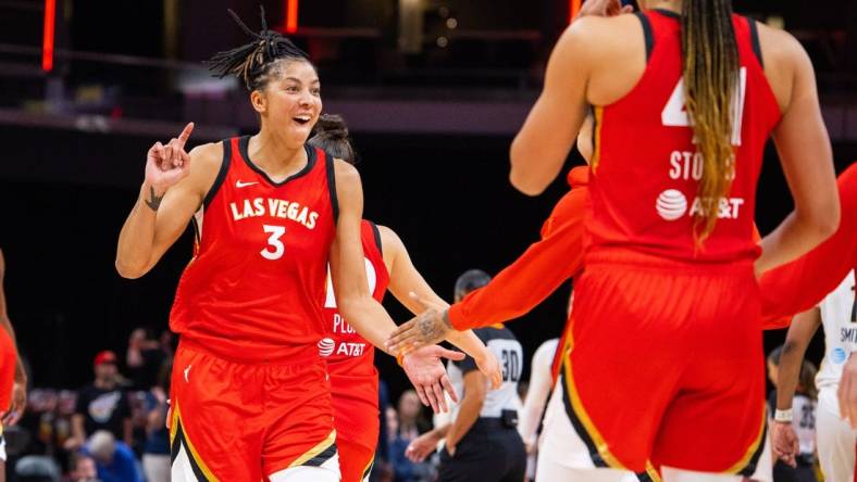 Jun 4, 2023; Indianapolis, Indiana, USA; Las Vegas Aces forward Candace Parker (3) celebrates the win against the Indiana Fever  at Gainbridge Fieldhouse. Mandatory Credit: Trevor Ruszkowski-USA TODAY Sports