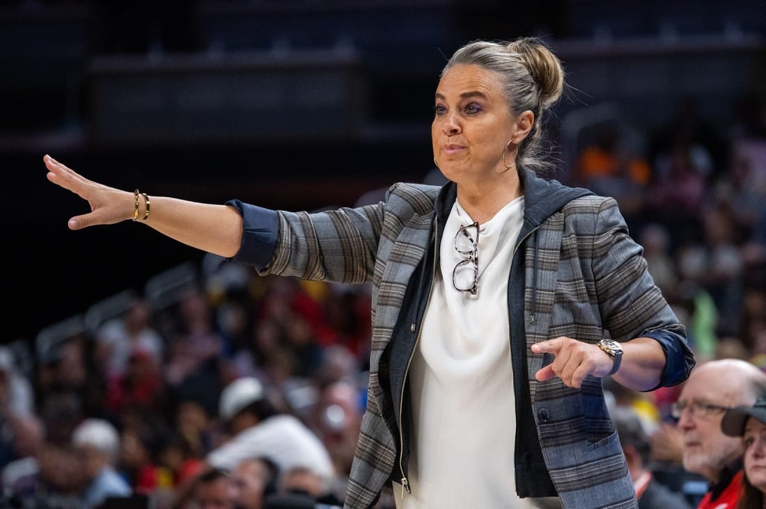 Jun 4, 2023; Indianapolis, Indiana, USA; Las Vegas Aces head coach Becky Hammon in the second half against the Indiana Fever at Gainbridge Fieldhouse. Mandatory Credit: Trevor Ruszkowski-USA TODAY Sports