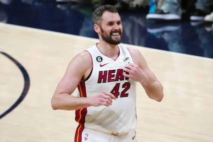 Jun 4, 2023; Denver, CO, USA; Miami Heat forward Kevin Love (42) reacts in the third quarter against the Denver Nuggets in game two of the 2023 NBA Finals at Ball Arena. Mandatory Credit: Ron Chenoy-USA TODAY Sports