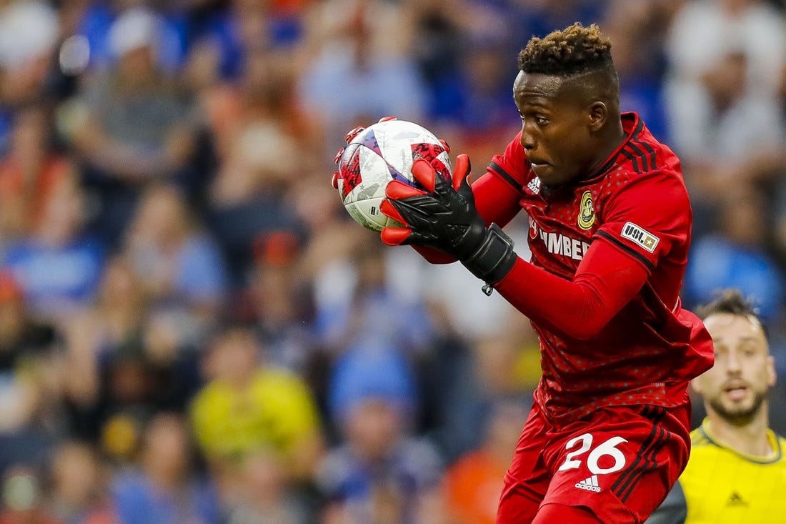 Jun 6, 2023; Cincinnati, OH, USA; Pittsburgh Riverhounds SC goalkeeper Jahmali Waite (26) makes a save against FC Cincinnati in the first half at TQL Stadium. Mandatory Credit: Katie Stratman-USA TODAY Sports