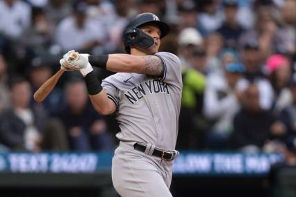 May 31, 2023; Seattle, Washington, USA; New York Yankees first baseman Jake Bauers (61) takes a swing during an at-bat against the Seattle Mariners at T-Mobile Park. Mandatory Credit: Stephen Brashear-USA TODAY Sports
