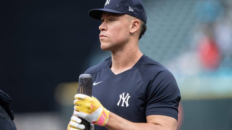 May 31, 2023; Seattle, Washington, USA; New York Yankees designated hitter Aaron Judge (99) is pictured during batting practice before a game against the Seattle Mariners at T-Mobile Park. Mandatory Credit: Stephen Brashear-USA TODAY Sports