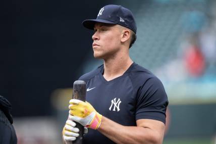 May 31, 2023; Seattle, Washington, USA; New York Yankees designated hitter Aaron Judge (99) is pictured during batting practice before a game against the Seattle Mariners at T-Mobile Park. Mandatory Credit: Stephen Brashear-USA TODAY Sports