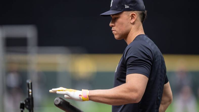 May 31, 2023; Seattle, Washington, USA; New York Yankees designated hitter Aaron Judge (99) is pictured during batting practice before a game against the Seattle Mariners at T-Mobile Park. Mandatory Credit: Stephen Brashear-USA TODAY Sports