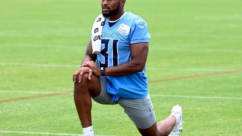 Tennessee Titans safety Kevin Byard (31) stretches during an NFL football minicamp Wednesday, June 7, 2023, in Nashville, Tenn.