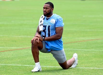 Tennessee Titans safety Kevin Byard (31) stretches during an NFL football minicamp Wednesday, June 7, 2023, in Nashville, Tenn.