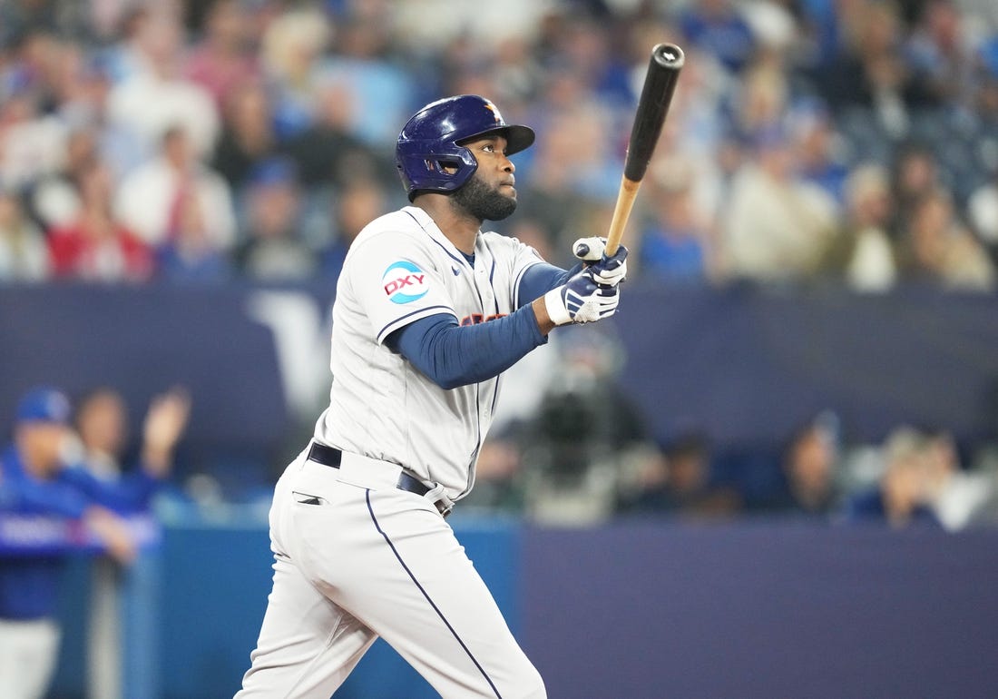 Jun 7, 2023; Toronto, Ontario, CAN; Houston Astros designated hitter Yordan Alvarez (44) hits a two run home run during the fourth inning against the Toronto Blue Jays at Rogers Centre. Mandatory Credit: Nick Turchiaro-USA TODAY Sports