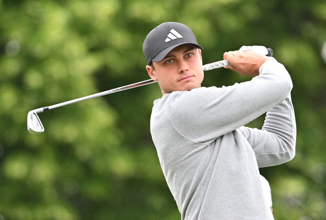 Jun 8, 2023; Toronto, ON, CAN;  Ludvig Aberg plays his tee shot at the 10th hole during the first round of the RBC Canadian Open golf tournament. Mandatory Credit: Dan Hamilton-USA TODAY Sports