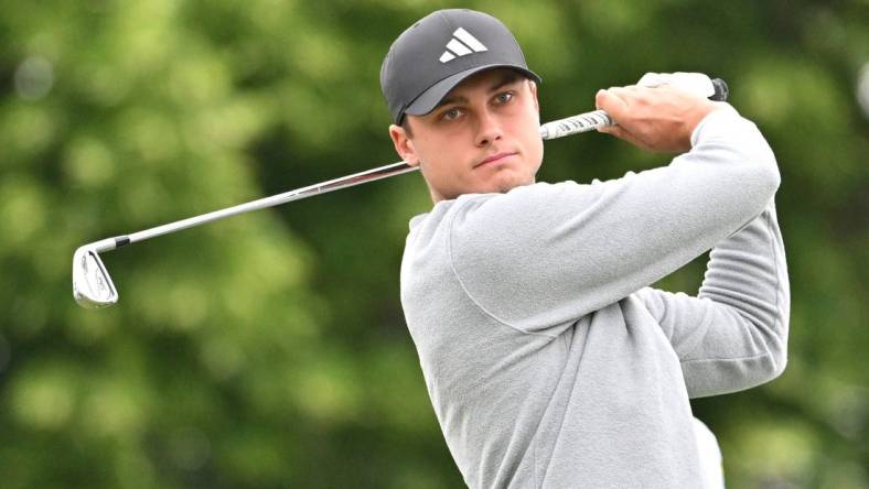 Jun 8, 2023; Toronto, ON, CAN;  Ludvig Aberg plays his tee shot at the 10th hole during the first round of the RBC Canadian Open golf tournament. Mandatory Credit: Dan Hamilton-USA TODAY Sports