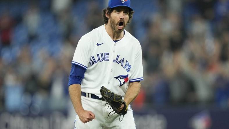 Jun 8, 2023; Toronto, Ontario, CAN; Toronto Blue Jays pitcher Jordan Romano (68) reacts after a win over the Houston Astros at Rogers Centre. Mandatory Credit: John E. Sokolowski-USA TODAY Sports