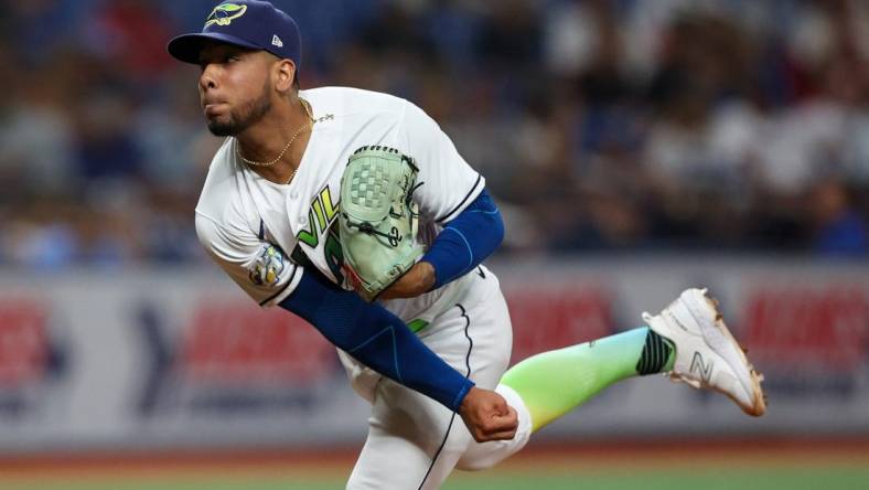 Jun 9, 2023; St. Petersburg, Florida, USA;  Tampa Bay Rays starting pitcher Luis Patino (1) against the Texas Rangers in the eighth inning at Tropicana Field. Mandatory Credit: Nathan Ray Seebeck-USA TODAY Sports