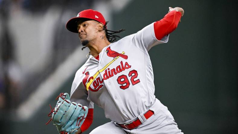 Jun 5, 2023; Arlington, Texas, USA; St. Louis Cardinals relief pitcher Genesis Cabrera (92) in action during the game between the Texas Rangers and the St. Louis Cardinals at Globe Life Field. Mandatory Credit: Jerome Miron-USA TODAY Sports