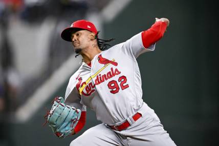 Jun 5, 2023; Arlington, Texas, USA; St. Louis Cardinals relief pitcher Genesis Cabrera (92) in action during the game between the Texas Rangers and the St. Louis Cardinals at Globe Life Field. Mandatory Credit: Jerome Miron-USA TODAY Sports