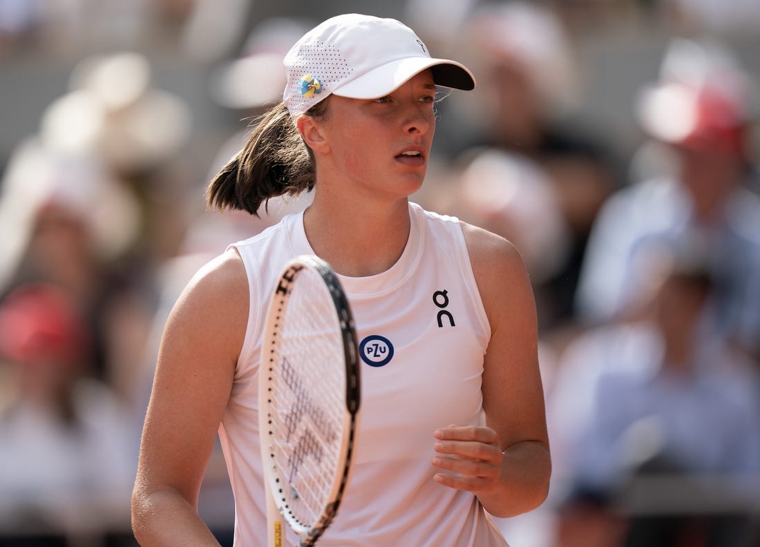 Jun 10, 2023; Paris,France; Iga Swiatek (POL) during the French Open final against Karolina Muchova (CZE) on day 14 at Stade Roland-Garros. Mandatory Credit: Susan Mullane-USA TODAY Sports