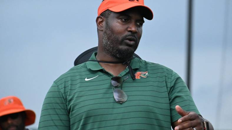 Florida A&M football Willie Simmons talks to campers following his RAC BOYZ 2.0 7-on-7 Camp at Bragg Memorial Stadium in Tallahassee, Florida, Saturday, June 10, 2023