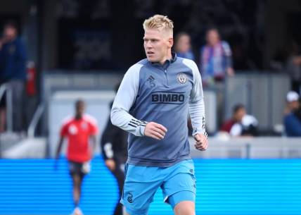Jun 10, 2023; San Jose, California, USA; Philadelphia Union defender Jakob Glesnes (5) during warm ups before the game against the San Jose Earthquakes at PayPal Park. Mandatory Credit: Kelley L Cox-USA TODAY Sports