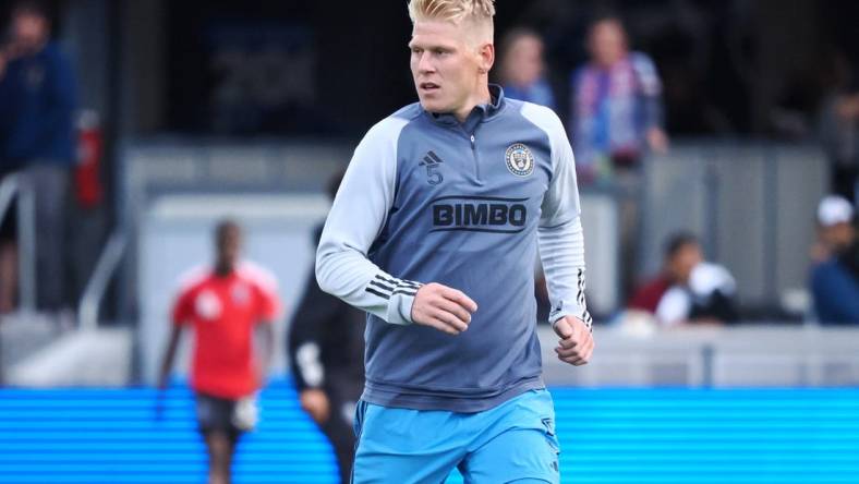 Jun 10, 2023; San Jose, California, USA; Philadelphia Union defender Jakob Glesnes (5) during warm ups before the game against the San Jose Earthquakes at PayPal Park. Mandatory Credit: Kelley L Cox-USA TODAY Sports