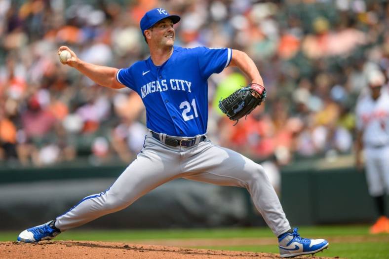 Jun 11, 2023; Baltimore, Maryland, USA; Kansas City Royals relief pitcher Mike Mayers (21) throws a pitch during the second inning against the Baltimore Orioles at Oriole Park at Camden Yards. Mandatory Credit: Reggie Hildred-USA TODAY Sports