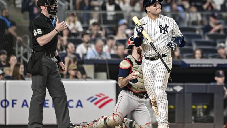 Jun 11, 2023; Bronx, New York, USA; New York Yankees catcher Jose Trevino (39) reacts after striking out against the Boston Red Sox during the tenth inning at Yankee Stadium. Mandatory Credit: John Jones-USA TODAY Sports