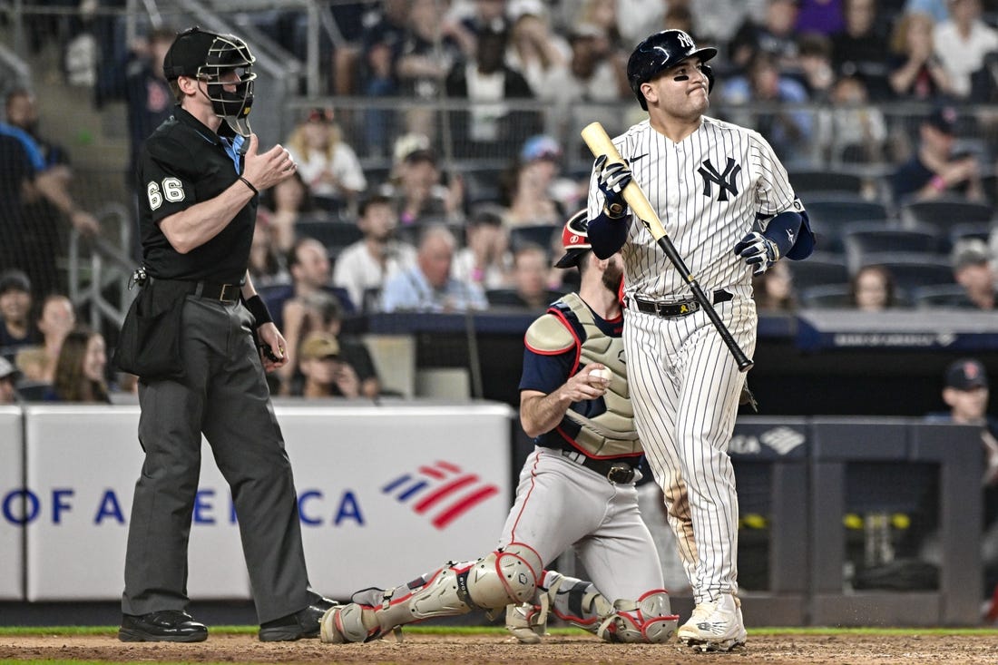 Jun 11, 2023; Bronx, New York, USA; New York Yankees catcher Jose Trevino (39) reacts after striking out against the Boston Red Sox during the tenth inning at Yankee Stadium. Mandatory Credit: John Jones-USA TODAY Sports