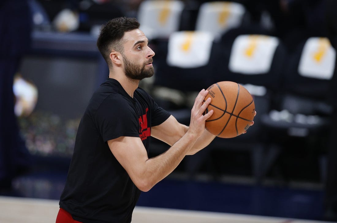Jun 12, 2023; Denver, Colorado, USA; Miami Heat guard Max Strus (31) warms up before game five of the 2023 NBA Finals against the Denver Nuggets at Ball Arena. Mandatory Credit: Isaiah J. Downing-USA TODAY Sports