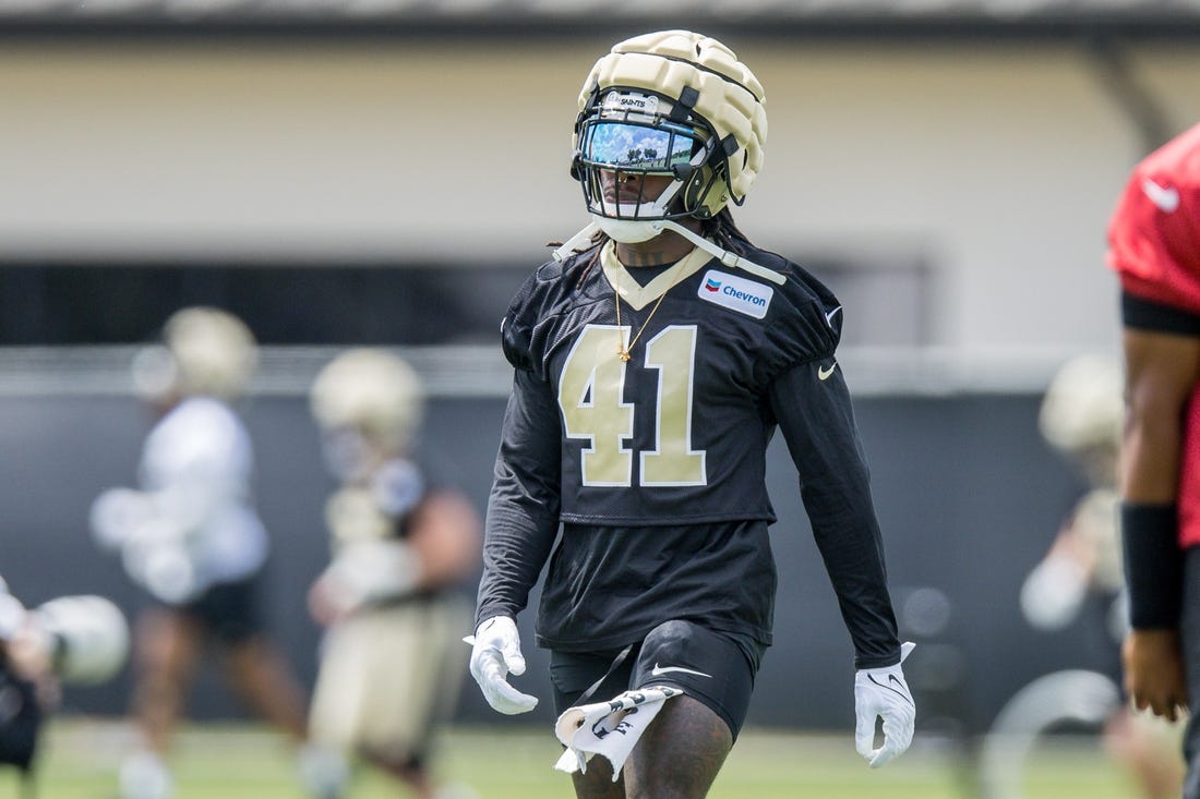 Jun 13, 2023; New Orleans, LA, USA;  New Orleans Saints running back Alvin Kamara (41) during minicamp at the Ochsner Sports Performance Center. Mandatory Credit: Stephen Lew-USA TODAY Sports