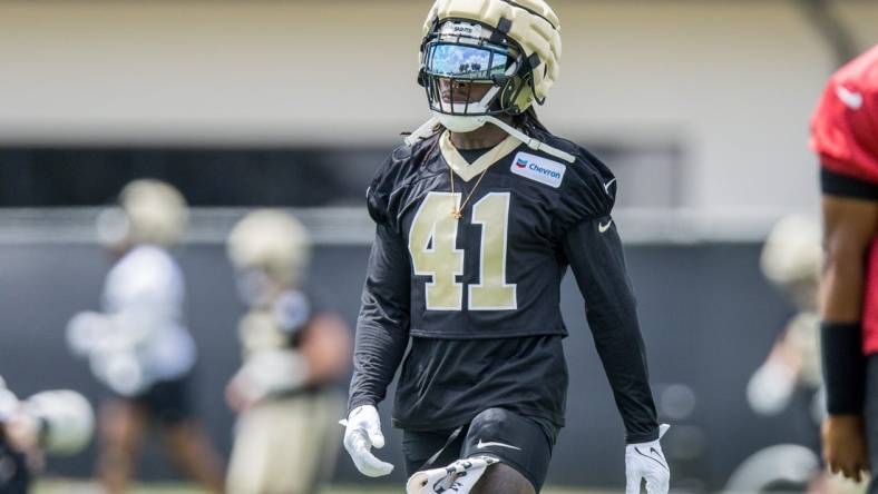 Jun 13, 2023; New Orleans, LA, USA;  New Orleans Saints running back Alvin Kamara (41) during minicamp at the Ochsner Sports Performance Center. Mandatory Credit: Stephen Lew-USA TODAY Sports